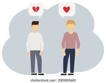 Ilustración de dos hombres con corazones de burbujas, un todo, el otro roto