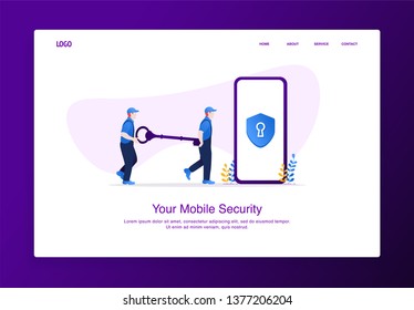 Illustration of two men carry the key to unlock mobile security . Modern flat design concept, landing page template.