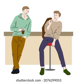 Illustration von zwei Männern, die in einem Café chatten (weißer Hintergrund, Vektorgrafik, ausgeschnitten)