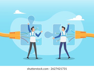 An  illustration of two men are depicted as technicians or engineers, standing in front of large puzzle pieces with ethernet cables connecting through them
