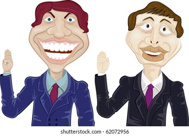 illustration of two men doing two different kind of swearing gestures/taking oaths, isolated on white background