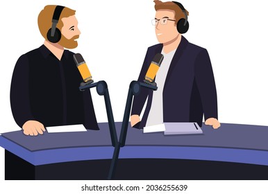 Illustration of two men doing a podcast for their content. Vector flat illustration