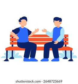 Illustration of two men engaged in friendly dialogue on a vibrant bench, symbolizing connection and leisure