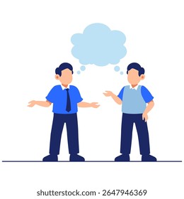 An illustration of two men exchanging ideas during a thoughtful discussion, symbolized by a floating thought bubble in a casual and modern setting.