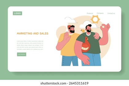 Illustration of two men in a farm setting showcasing their egg production. They engage with chicks and a hen, representing the connection to agriculture and marketing in a cheerful atmosphere. Vector