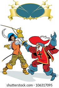      In the illustration, two men fighting on epee. One of them, musketeer.