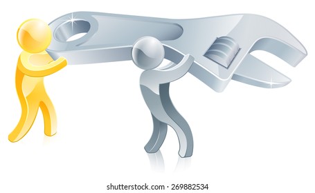 An illustration of two men with a giant spanner