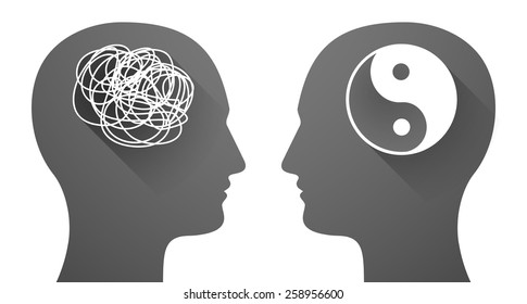 Illustration of two men heads with a doodle and a ying yang