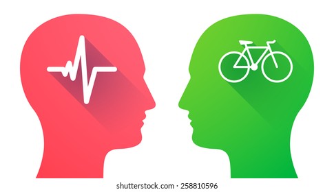 Illustration of two men heads with heart beat sign and a bicycle