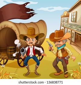 Illustration of the two men holding guns with a wooden carriage at the back