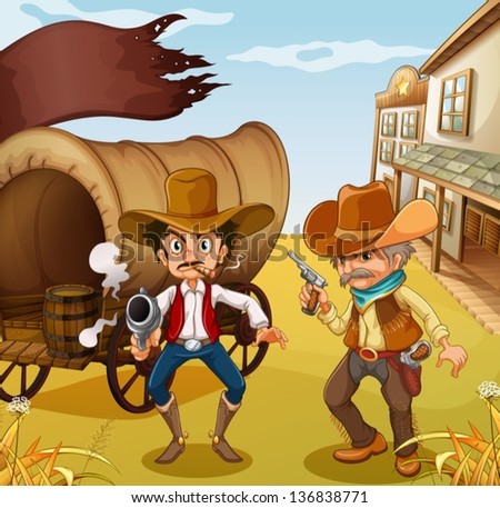 Illustration of the two men holding guns with a wooden carriage at the back