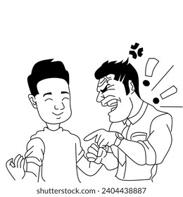 Illustration zweier Männer, die Hände halten. Der alte Mann sieht sehr gesprächig und arrogant aus, während der gut aussehende junge Mann nur lächelt, wenn er alles hört, was er sagt
