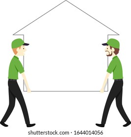 Illustration of Two Men Holding a House Outline Doodle to Show Moving House Business Concept