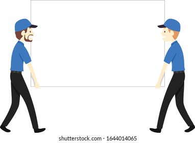 Ilustración de dos hombres que sostienen y mueven juntas de negocios en casas móviles
