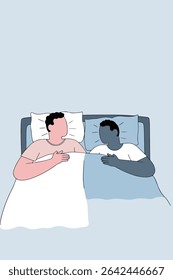 Illustration of two men lying in bed under the covers, resting peacefully. The scene evokes a sense of calm and intimacy.
