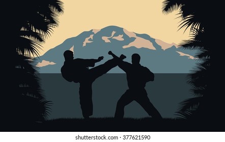 Illustration, two men occupy karate on a background an ocean and mountains.