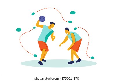 Illustration of two men playing basketball with enthusiasm. Flat style cartoon character with orange and green colors. The concept of sports activities
