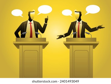 An illustration of Two Men Politician Standing At A Podium Debating With One Another