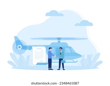 illustration of two men shaking hands in front of a helicopter trending concept flat illustration