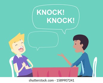 Illustration of Two Men Sitting Down and Playing Knock Knock Joke Game