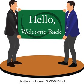 illustration of two men stand on a stage with a sign that says hello welcome to my channel vector design