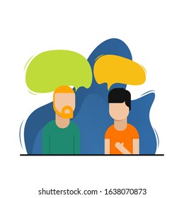 Illustration of two men talk discussion, exchange of ideas. Businessmen discuss social network dialogue with speech bubbles.