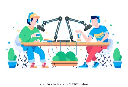illustration of two men talking. two men are doing a podcast. podcast illustration. flat illustration. flat design