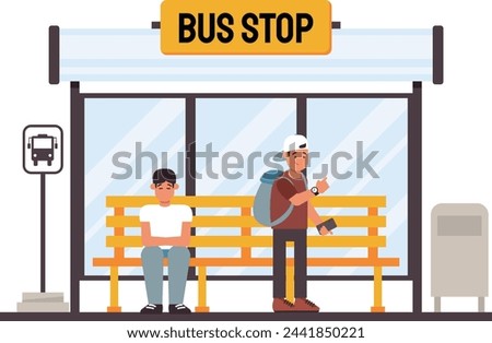 Illustration of two men waiting for a bus at a bus stop