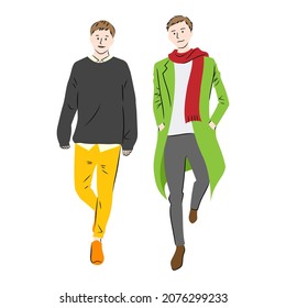 Illustration of two men walking in the city (white background, vector, cut out)