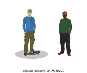 Illustration of two men wearing hats, long-sleeved t-shirts and cargo pants. Flat vector design.