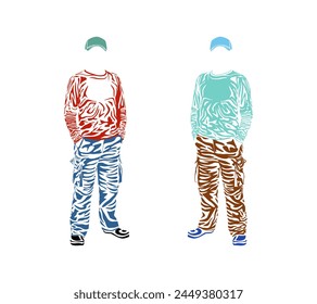 Illustration of two men wearing long sleeve t-shirts and cargo pants in striped style with copy space. Flat vector design.