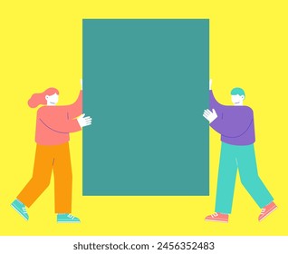 Illustration of two men and a woman holding a message board Flat RGB vector isolated on white background