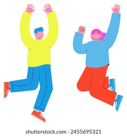 Illustration of two men and women jumping with joy. Flat RGB vector material isolated on white background