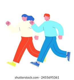 Illustration of two men and women running with smiles. Flat RGB vector material isolated on white background.