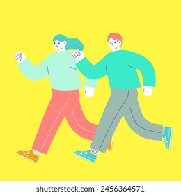 Illustration of two men and women running with smiles. Flat RGB vector material isolated on white background.