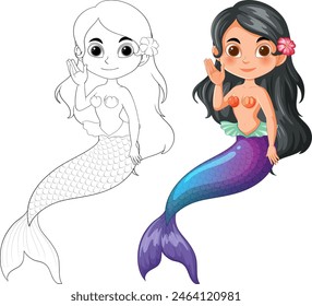 Illustration of two mermaids, colored and outline