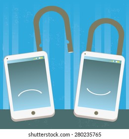 Illustration of two mobile phones locked and unlocked, happy and sad. The grunge texture is removable from the background.