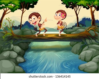 Illustration of the two monkeys dancing while crossing the river