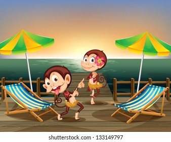 Illustration of the two monkeys dancing at the wooden bridge