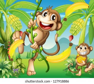 Illustration of two monkeys near the banana plant