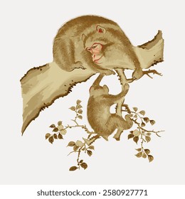 Illustration of two monkeys on a branch. One monkey climbs, the other rests. Detailed fur texture. Natural setting with leaves. Wildlife art of monkeys in nature. Vintage animal illustration vector.