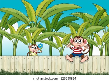 Illustration of two monkeys playing at the fence