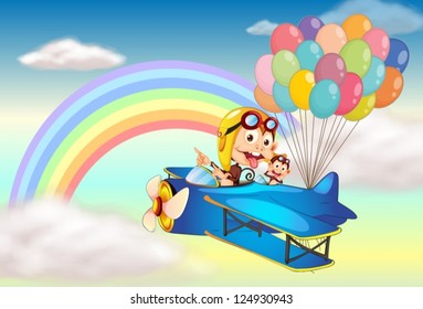 Illustration of two monkeys riding on a plane and a rainbow