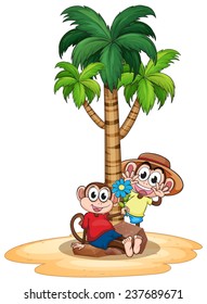 Illustration of two monkeys under the palm tree