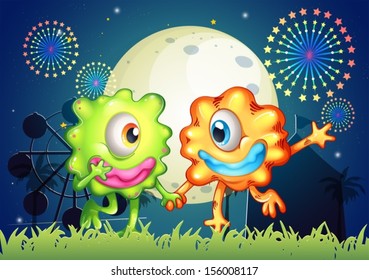 Illustration of the two monsters at the carnival under the bright fullmoon