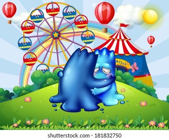 Illustration of the two monsters comforting each other at the hilltop with a carnival