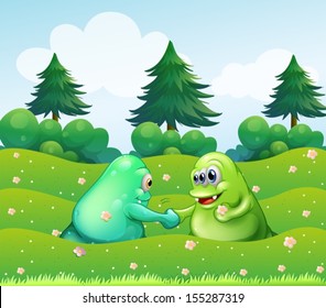 Illustration of the two monsters handshaking