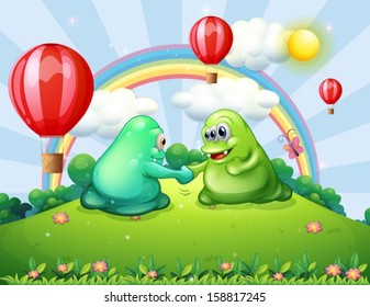 Illustration of the two monsters handshaking at the hilltop