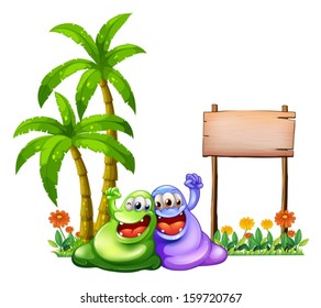Illustration of the two monsters having fun in front of the empty wooden signboard on a white background