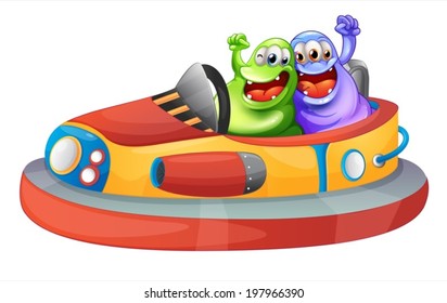 Illustration of the two monsters playing with the bumpcars on a white background